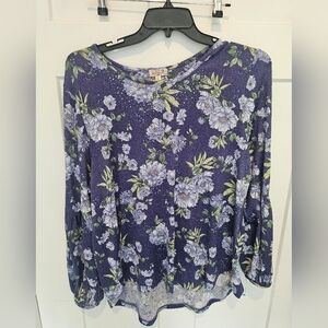 OneWorld XXL Floral Rhinestone Tunic Top Navy Purple Long Sleeve Boho Shirt